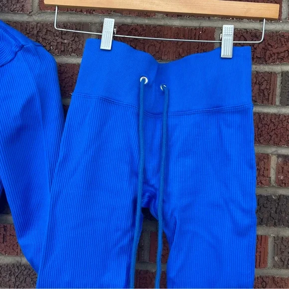 Royal Blue Ribbed High Rise Leggings Cropped Fitted Jacket Yoga Set - Picture 4 of 4